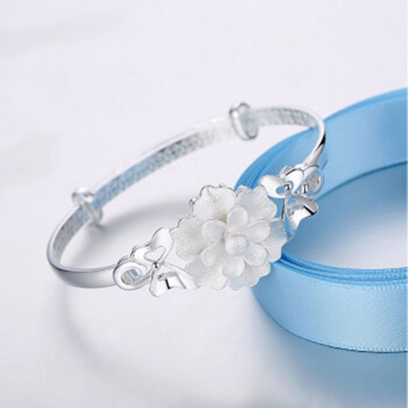 Gelang perak sterling 925 untuk bunga wanita perhiasan fesyen gelang tekan-tarik