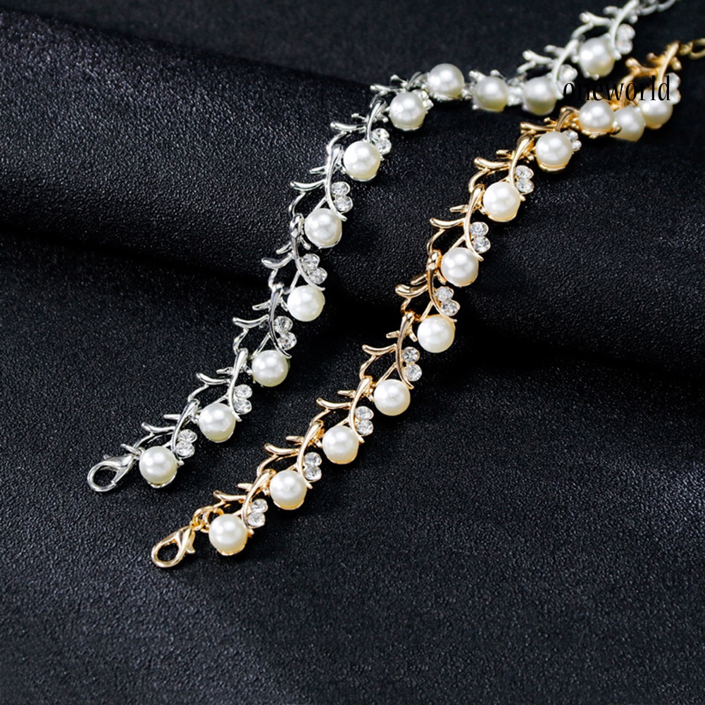 OW@ Women Bride Faux Pearl Rhinestone Necklace Stud Earrings Bracelet Jewelry Set