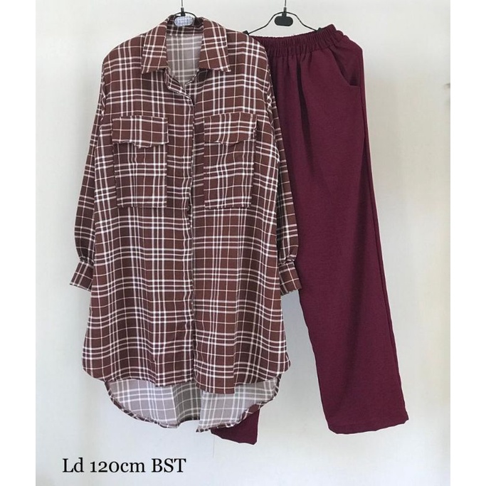 Setelan tunik kotak dan celana bahan katun import