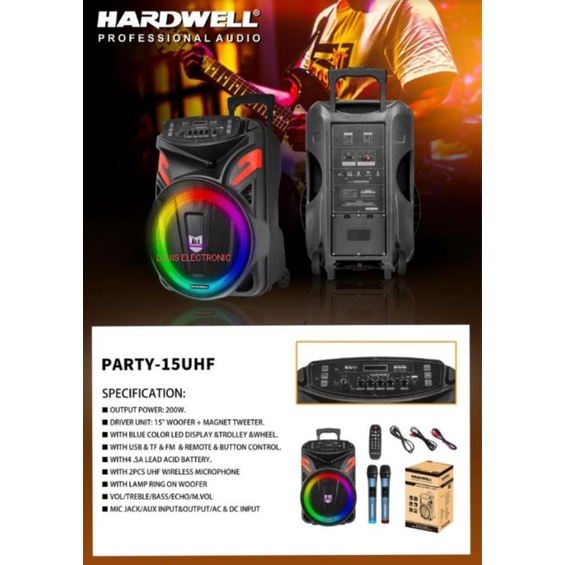 Speaker Portable Bluetooth Meeting HARDWELL PARTY 15UHF OTIGINAL 15 Inch