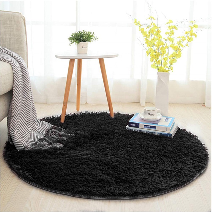 Karpet Bulu Bulat Karpet Minimalis Dekorasi Kamar Tidur Karpet Aesthetic Kamar Warna Hitam Diameter 80cm