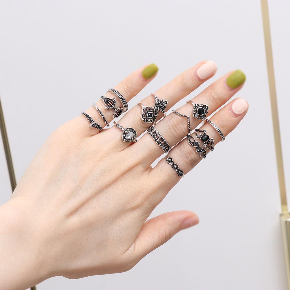 Nanas 15PCS/Set Cincin Set Fashion Boho Vintage Perak Aksesoris Tangan