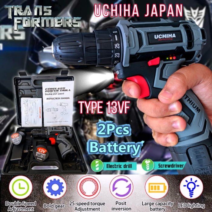 mesin bor cordless UCHIHA 13vol baterai cas charger tanpa kabel obeng