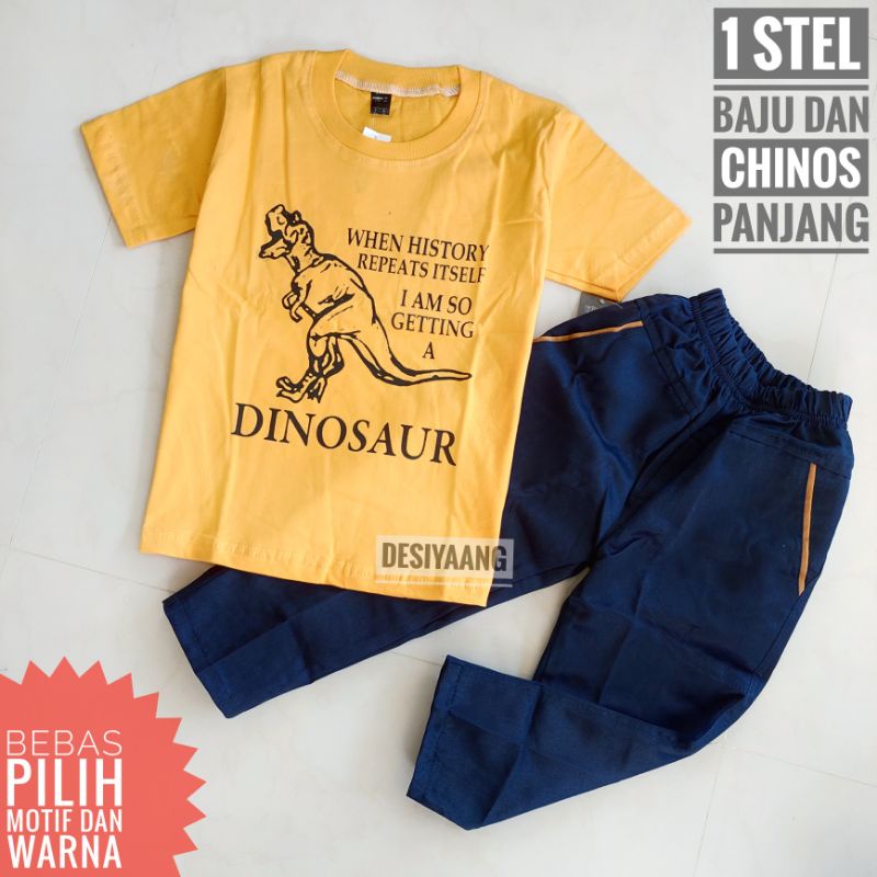 SETELAN OBLONG ANAK LAKI LAKI DINOSAURUS DAN CELANA CHINOS PANJANG SIZE M USIA 5-6 tahun