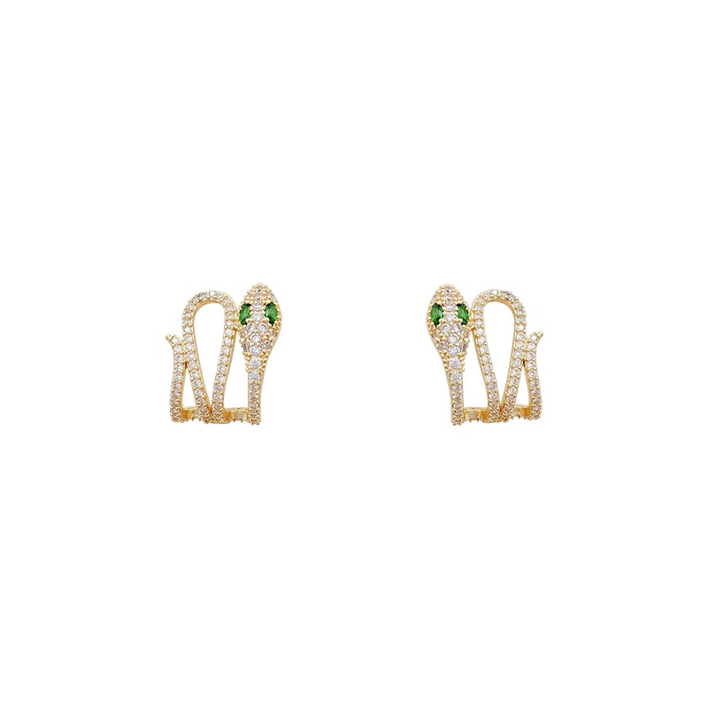 Shuling Emerald Eyes Small Snake Full Diamond Earrings Female S925 silver needle Micro-inlaid Ear Cuff Super Sweet Ear Jewelry