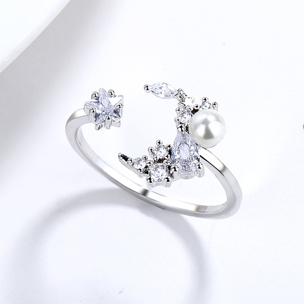 Hu Hu Hu Hu Hu Alat Bantu Pasang Kacamata♡ Cincin Open Ring Adjustable Desain Bulan Bintang Hias Cubic Zirconiamutiara Imitasi Untuk Wanita