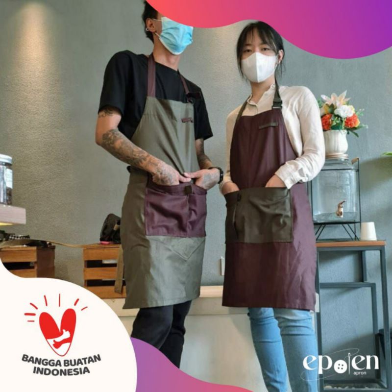 DISKON MURAH APRON Celemek Drill dengan Aksen Kulit dan Adjustable Strap Unisex Warna Hijau Army dan