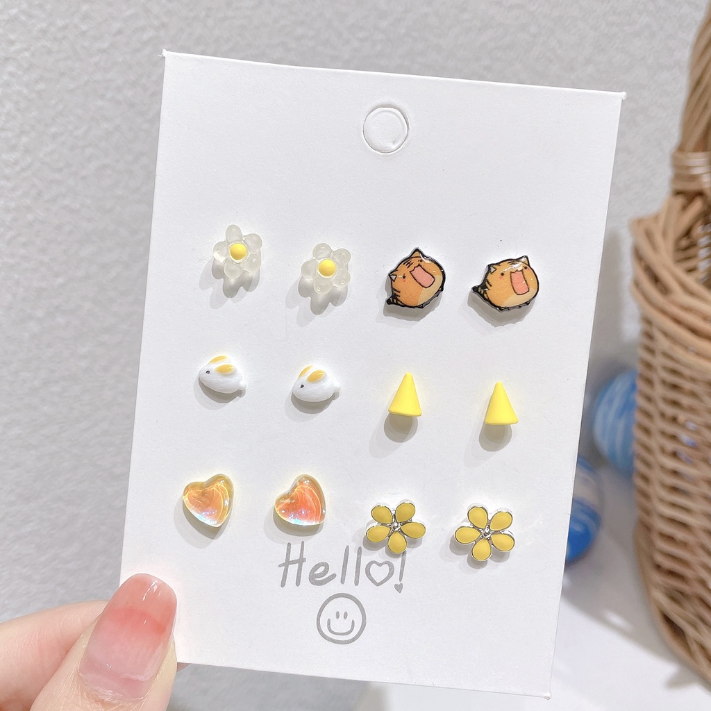 IFYOU 6pcs / Set Anting Tusuk Bahan Resin Keramik Desain Kartun Untuk Wanita