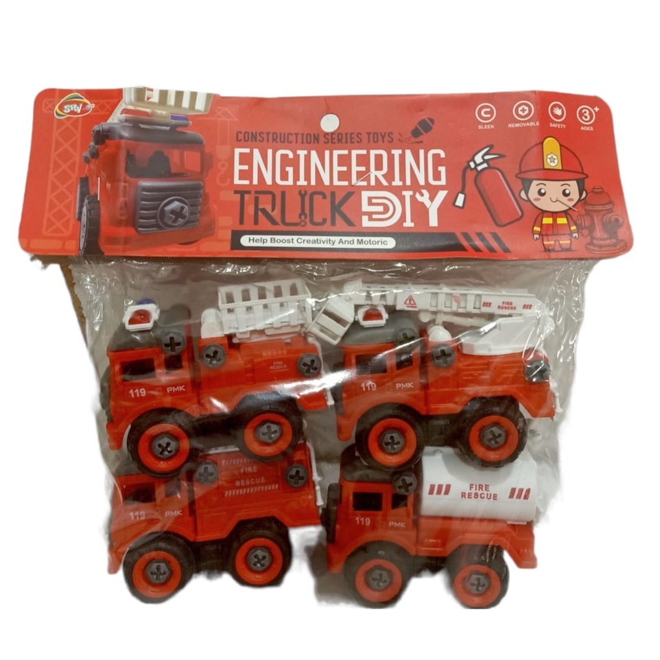 Mainan Mobil Truk Bongkar Pasang + Obeng - Assemble Engineering Construction / Fire Truck DIY - Truk Konstruksi / Pemadam Kebakaran Isi 4