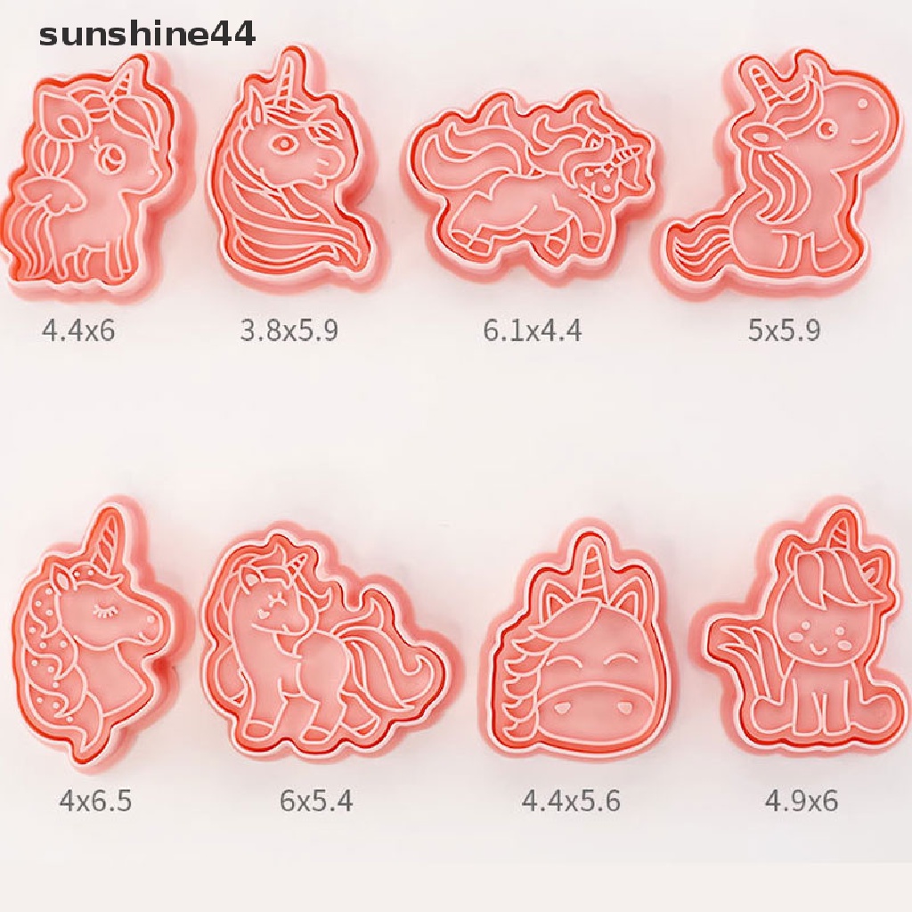 Sunshine 8pcs / set Cetakan Biskuit Bentuk Kartun Unicorn 3D Bahan Plastik