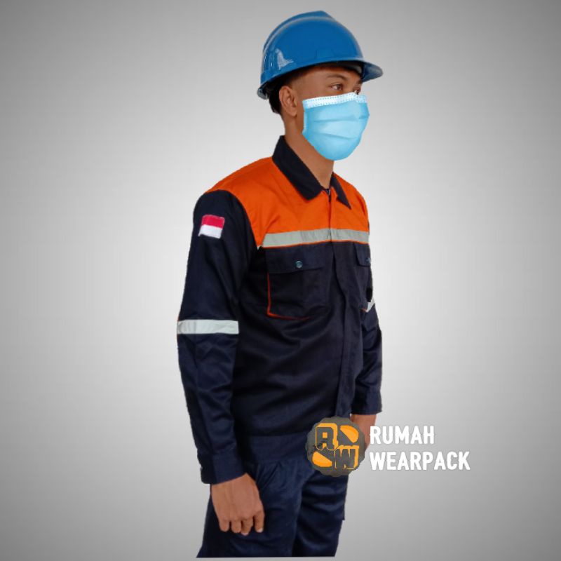 Baju Kerja / Wearpack Proyek Kemeja Safety Atasan Navy Navi Oranye