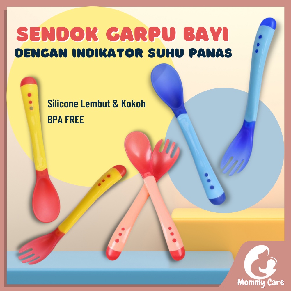 MOMMYCARE SENDOK MAKAN BAYI SILIKON / SENDOK DAN GARPU PENGUBAH SUHU BAYI