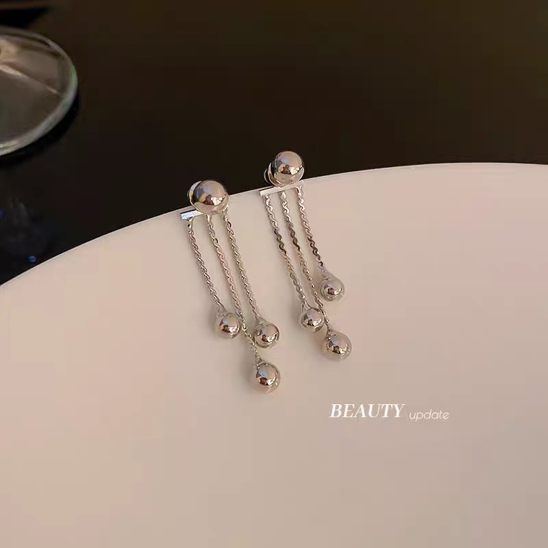 Anting Stud Rumbai Manik-Manik Bola Warna Silver Untuk Wanita