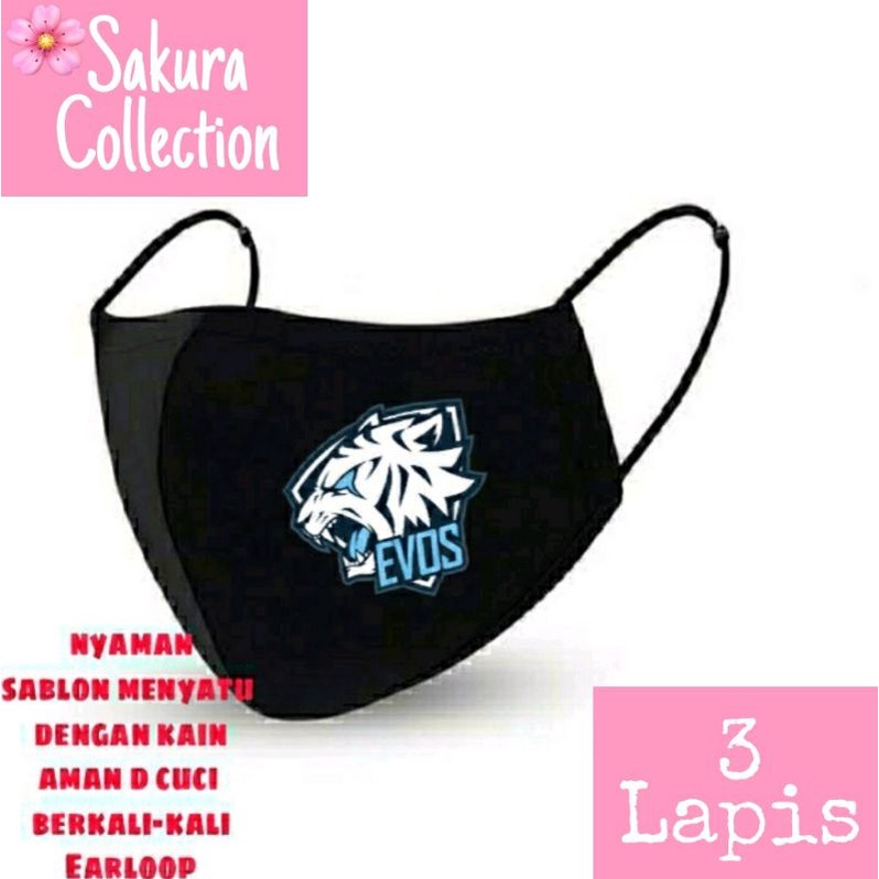 Masker kain 3ply hitam EVOS E-SPORT murah katun earloop headloop pria wanita anak dewasa