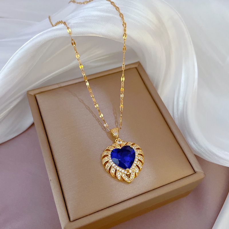 Kalung Rantai Lapis Emas 18K Dengan Liontin Hati Sapphire Mewah Untuk Wanita