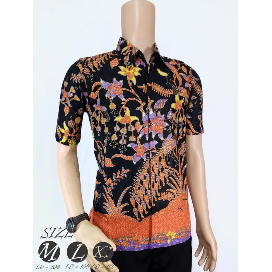 Kemeja Batik Lengan Pendek Motif Burung Orange Hitam Orange M