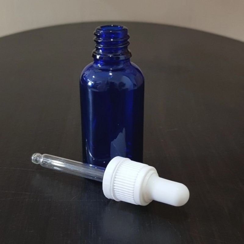 botol kaca pipet 30ml biru tebal - ring segel putih