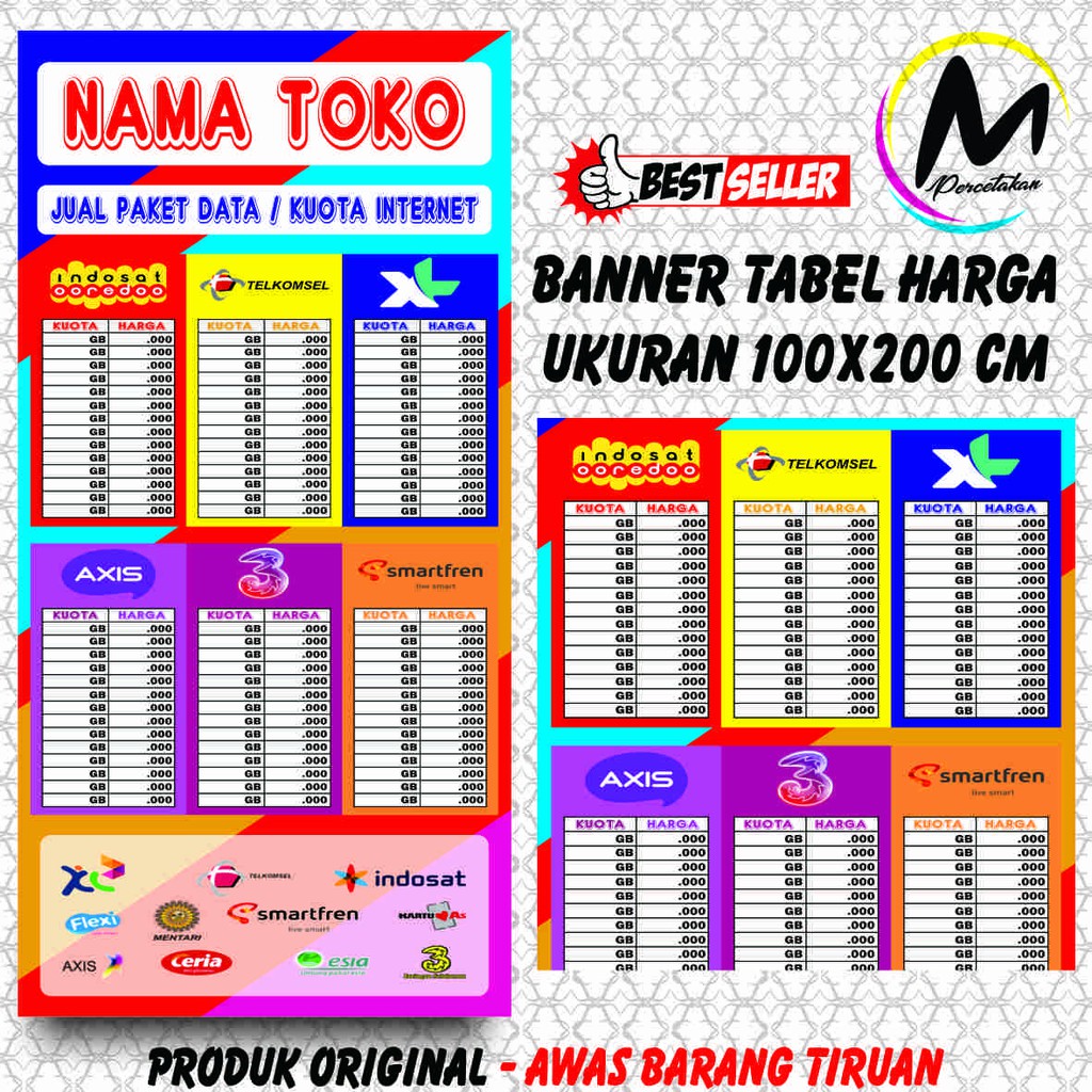 SPANDUK TABEL HARGA KUOTA - UKURAN 100X200 CM ( 1X2 METER )