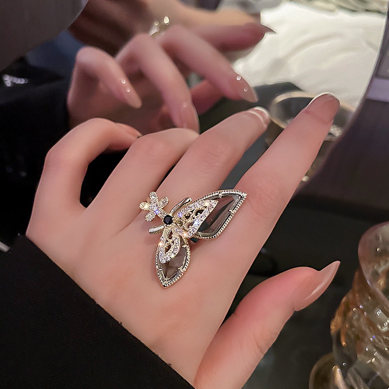 Cincin Model Terbuka Desain Bunga Kupu-Kupu Aksen Zircon Gaya Korea