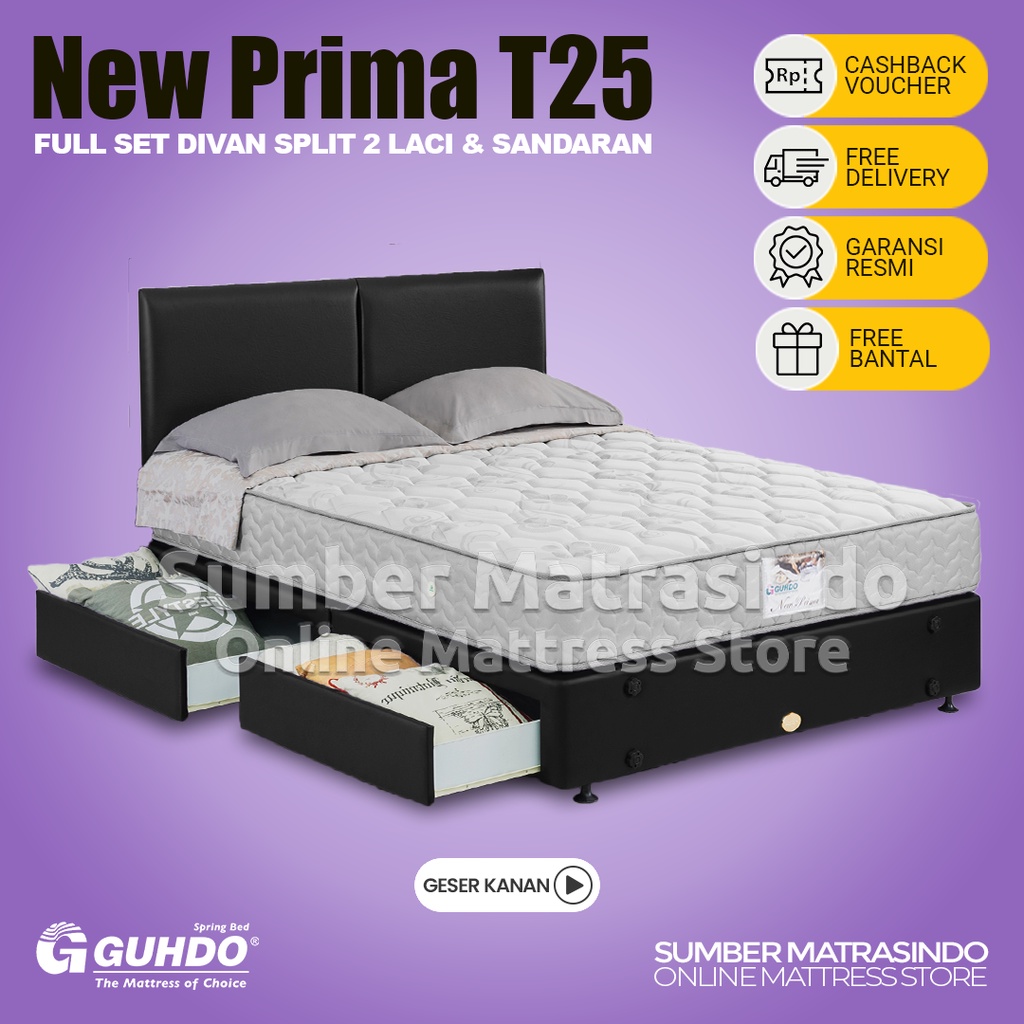 Guhdo Spring Bed Kasur New Prima T25 Divan Split 2 Laci Sandaran Atlantic - FULL SET / TANPA SANDARA