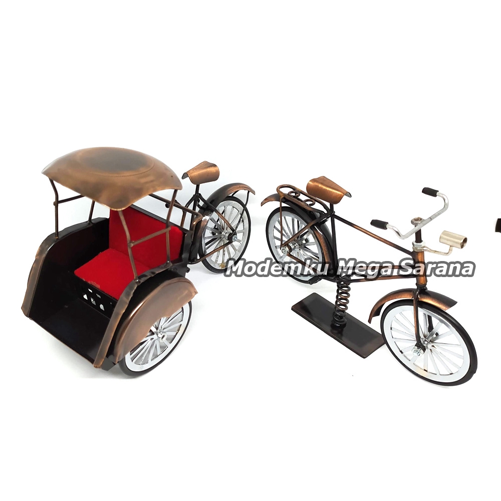 Paket isi 2 - Miniatur Becak &amp; Sepeda Ontel Logam Kawat