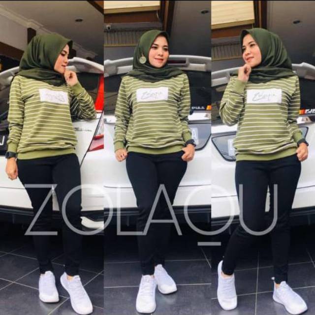 Atasan kaos zolaqu salur hijau original