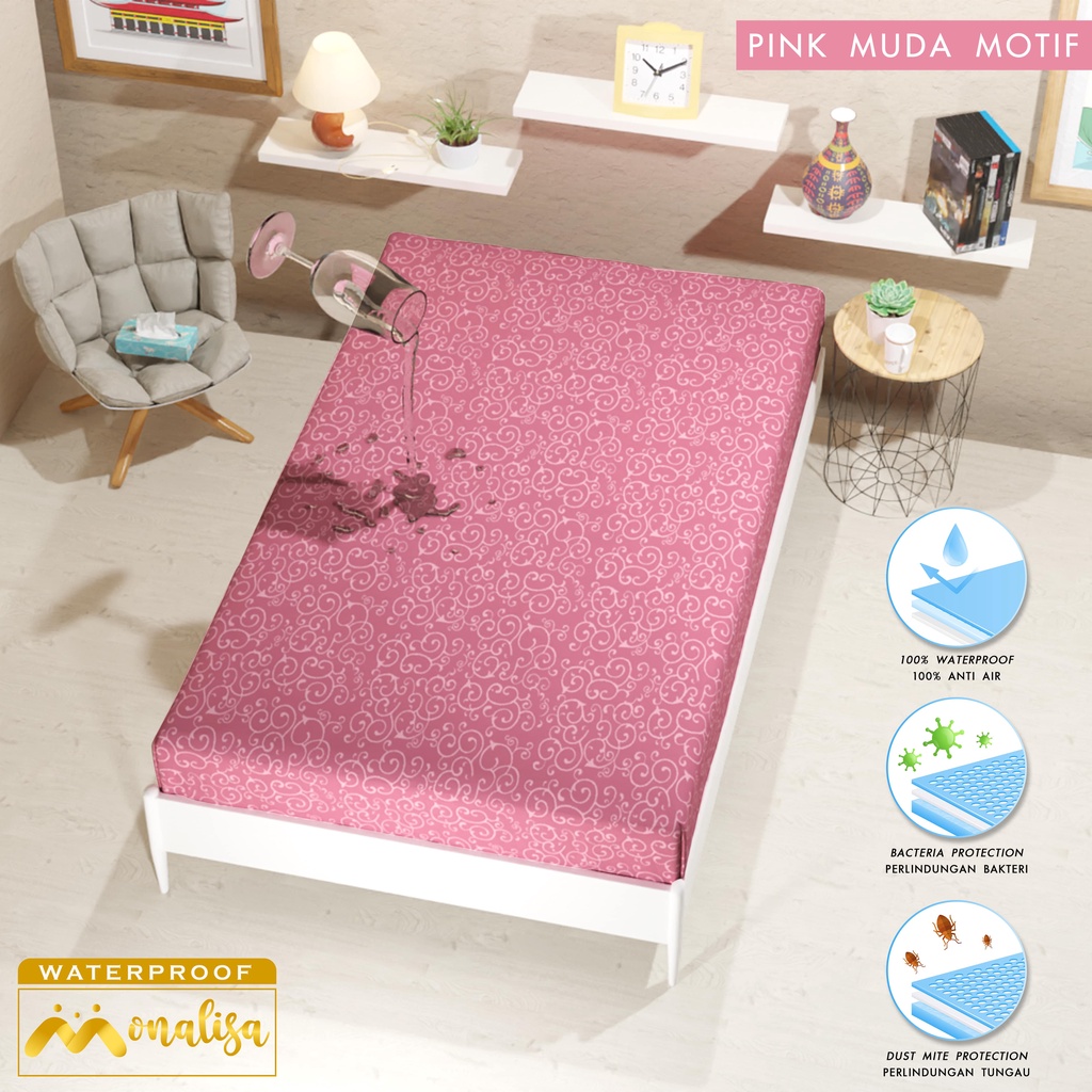 Monalisa Waterproof Sprei Uk 100/120 - Pink Muda Motif