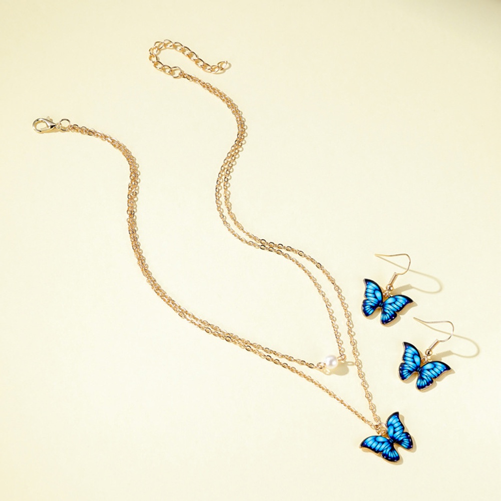 Hu Hu Hu Hu Hu Alat Bantu Pasang Kacamata♡ 2pcs Kalung Rantai Liontin Kupu-Kupu Mutiara Imitasi 2 Lapis Untuk Wanita