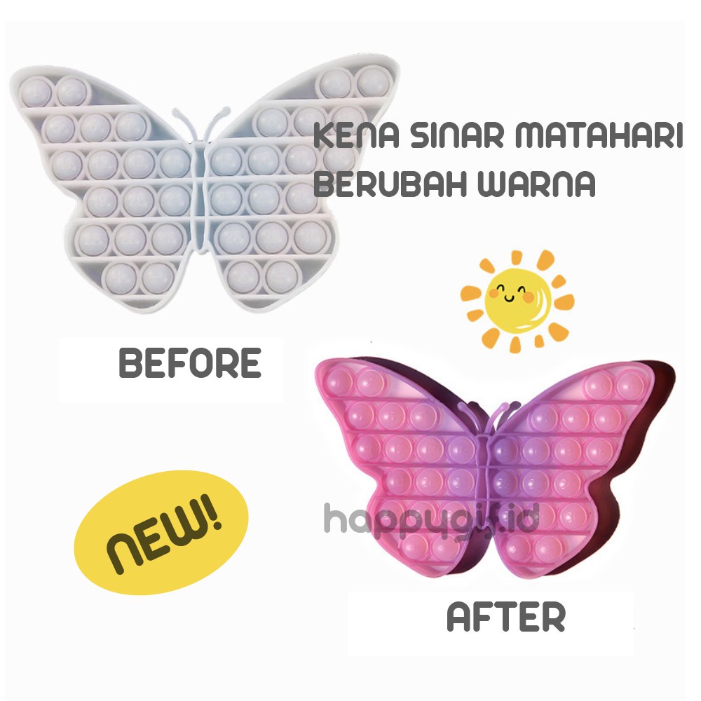 NEW UV EDITION!  BERUBAH WARNA WAKTU KENA UV / SINAR MATAHARI!  Decription:  Features: 1. Material：Silicone. Package include: 1 x Stress Reliever 2. This pop fidget is a great sensory tool you fidget with again and again. 3. Ever catch your children, or m