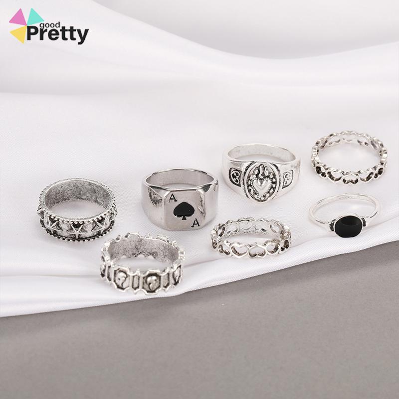 7 Pcs Cincin Jari Bentuk Hati Tidak Teratur Warna-Warni Gaya Punk Retro Untuk Pria - PD