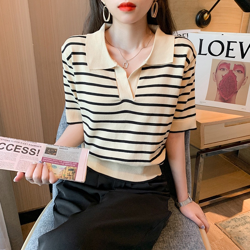 YERI atasan polo korea rajut garis striped retro casual