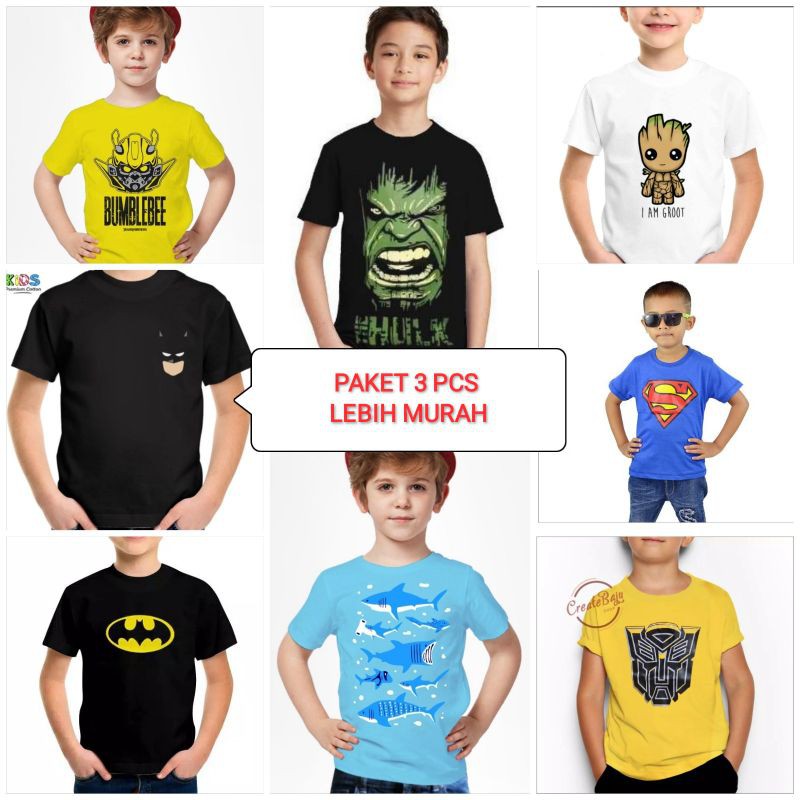 PROMO Kaos Paket 3 pcs Distro anak Superhero Dinosaurus Ikan Hiu Batman superman termurah terlaris