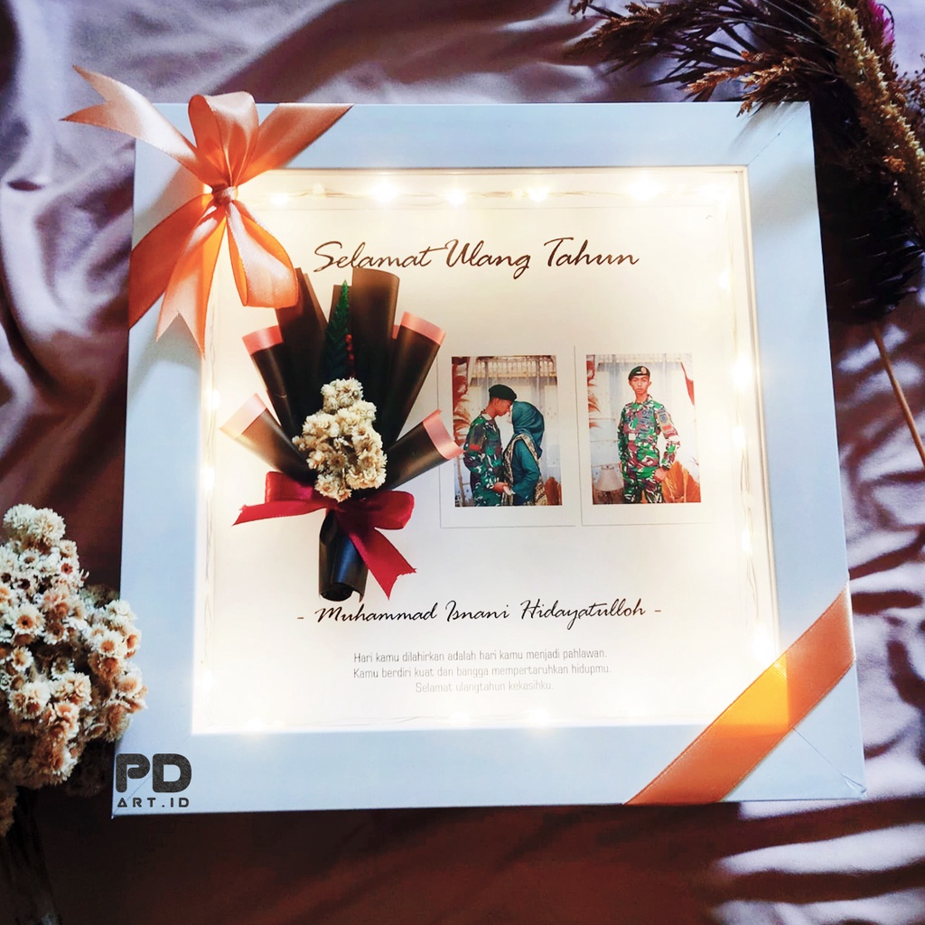 1 Paket Kado Ulang Tahun / Dried Flowers Frame 3D / Bingkai Foto Aesthetic Ada Lampunya