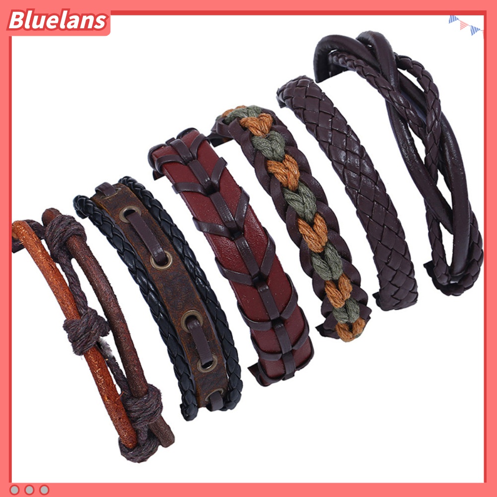 Bluelans 6Pcs / Set Gelang Tali Kepang Bahan Kulit Imitasi Gaya Vintage Untuk Pria