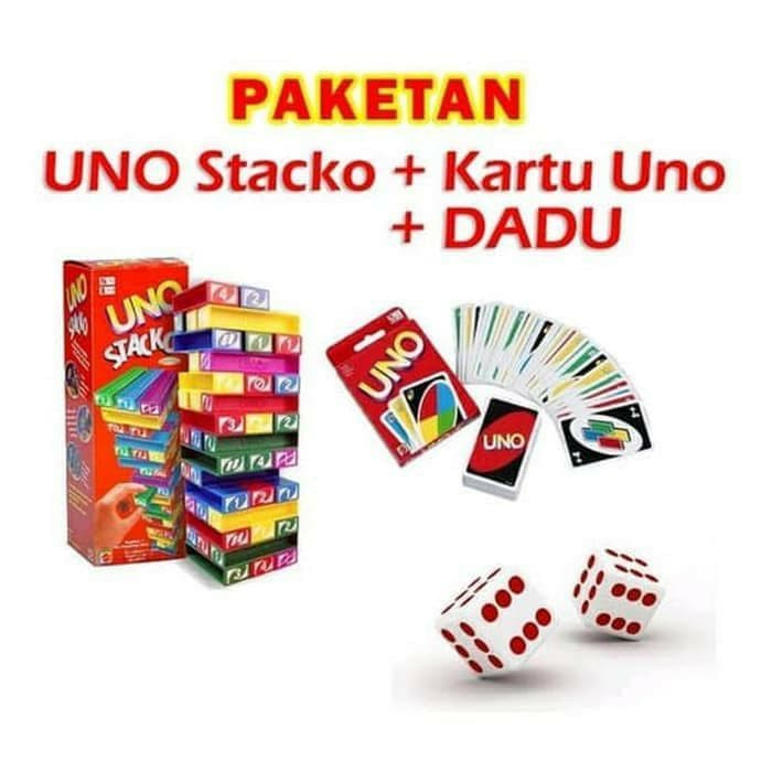 Promo Paket UNO Stacko + Kartu Card + Dadu Dice Mainan Balok Seru