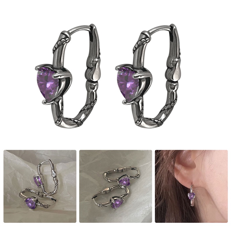 Anting Hoop Kristal Zircon Bentuk Hati Warna Silver Gaya Vintage Untuk Wanita