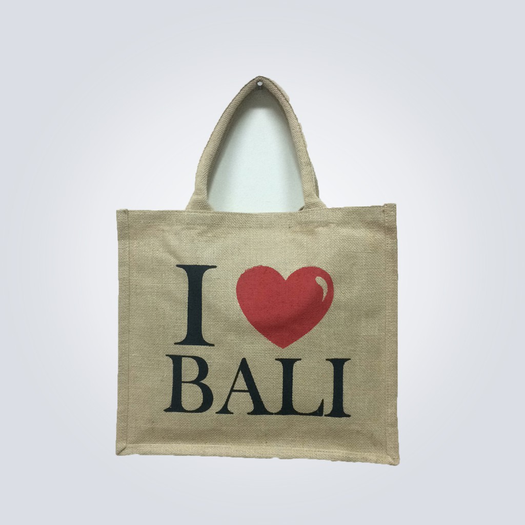 Tas Karung Goni Polos Laminasi / Jute Laminated Bag I LOVE BALI 36 x 36 x 10 cm