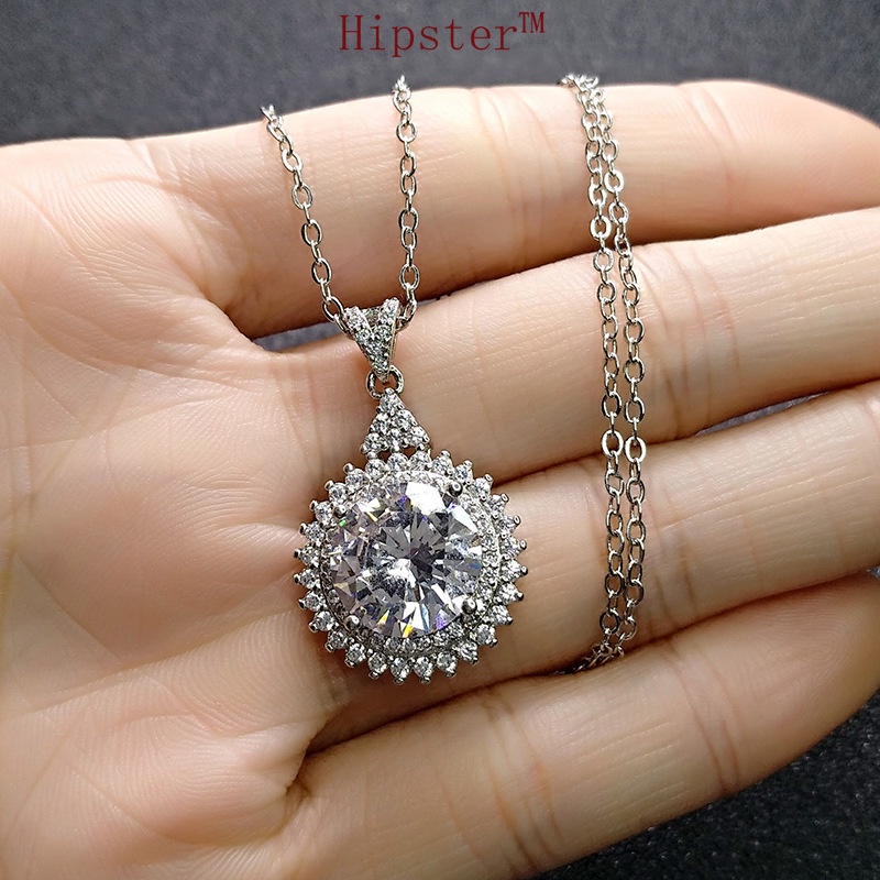 Simple Fashion Luxury round High Flash Moissanite Pendant White Gold Necklace