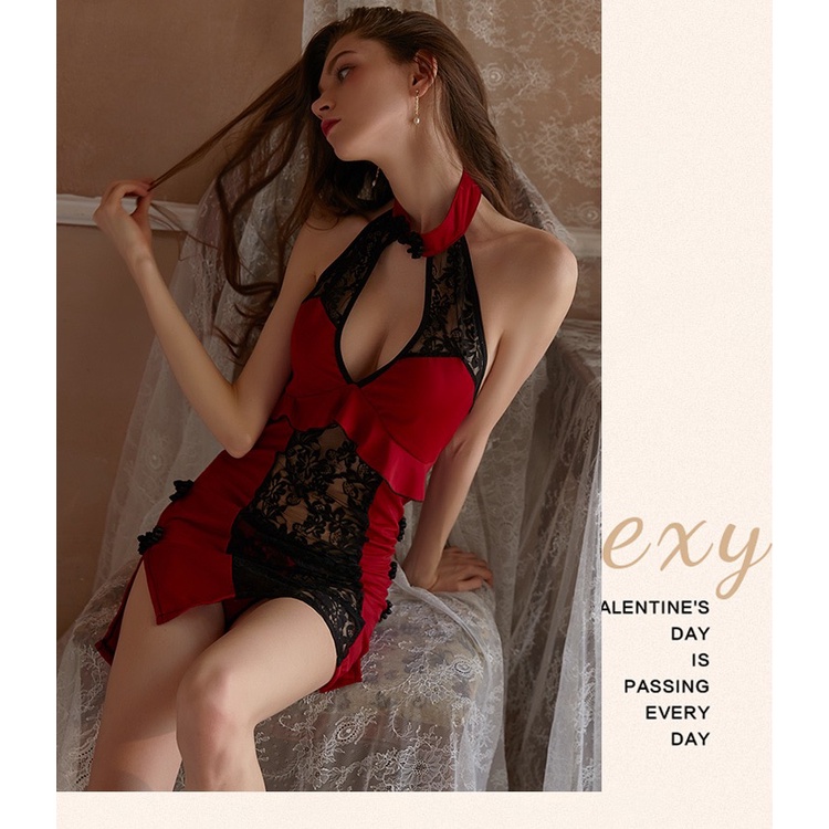 (COD) Renda Lingerie Set Sexy V-Neck cheongsam seragam godaan New Mini dress Bodysuit one-piece A538