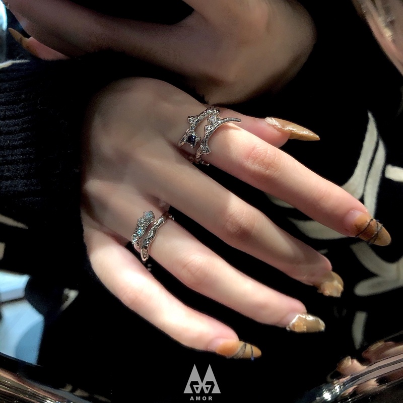 Set Cincin Jari Telunjuk Model Terbuka Dapat Disesuaikan Desain Batu Permata Minoritas Untuk Wanita