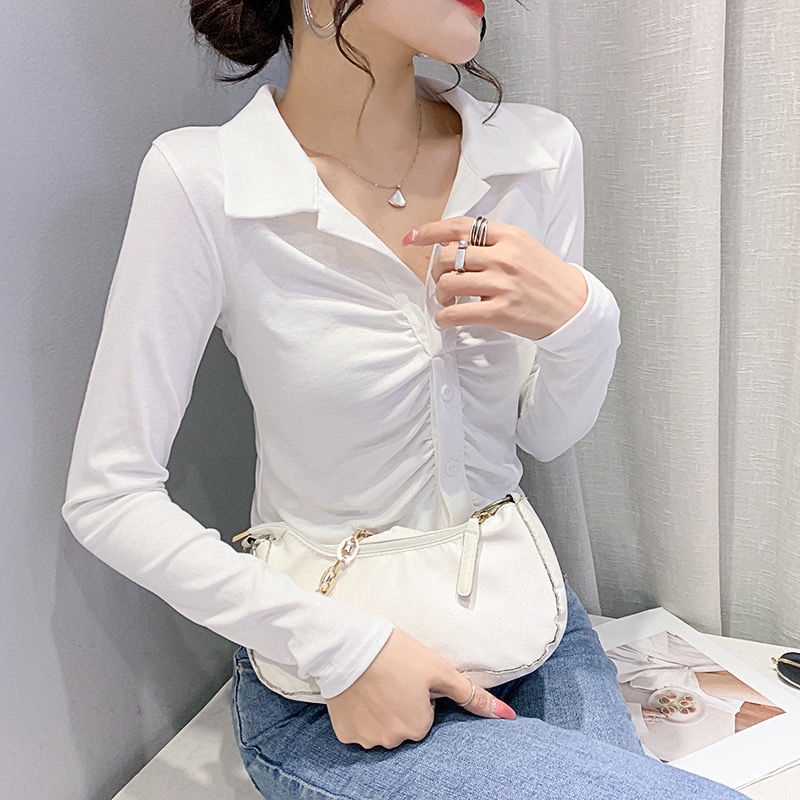 French retro bottoming shirt wanita 2021 baru slim fit temperamen pendek kerah Polo rajutan atas musim semi dan musim gugur