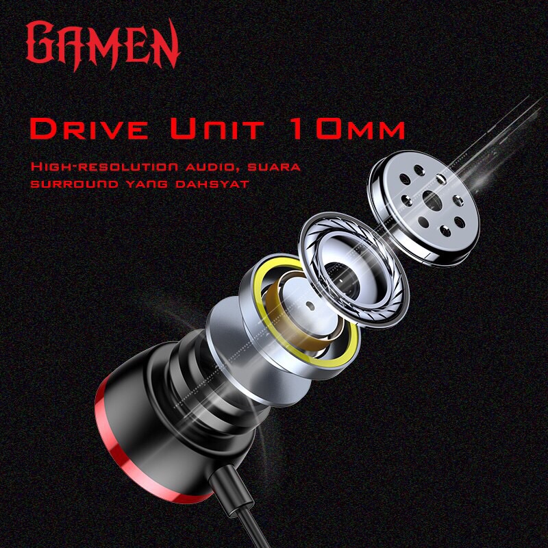 GAMEN GE200 Dual Microphone Virtual Stereo Surround Sound In-ear Gaming Headset Black Red-Garansi