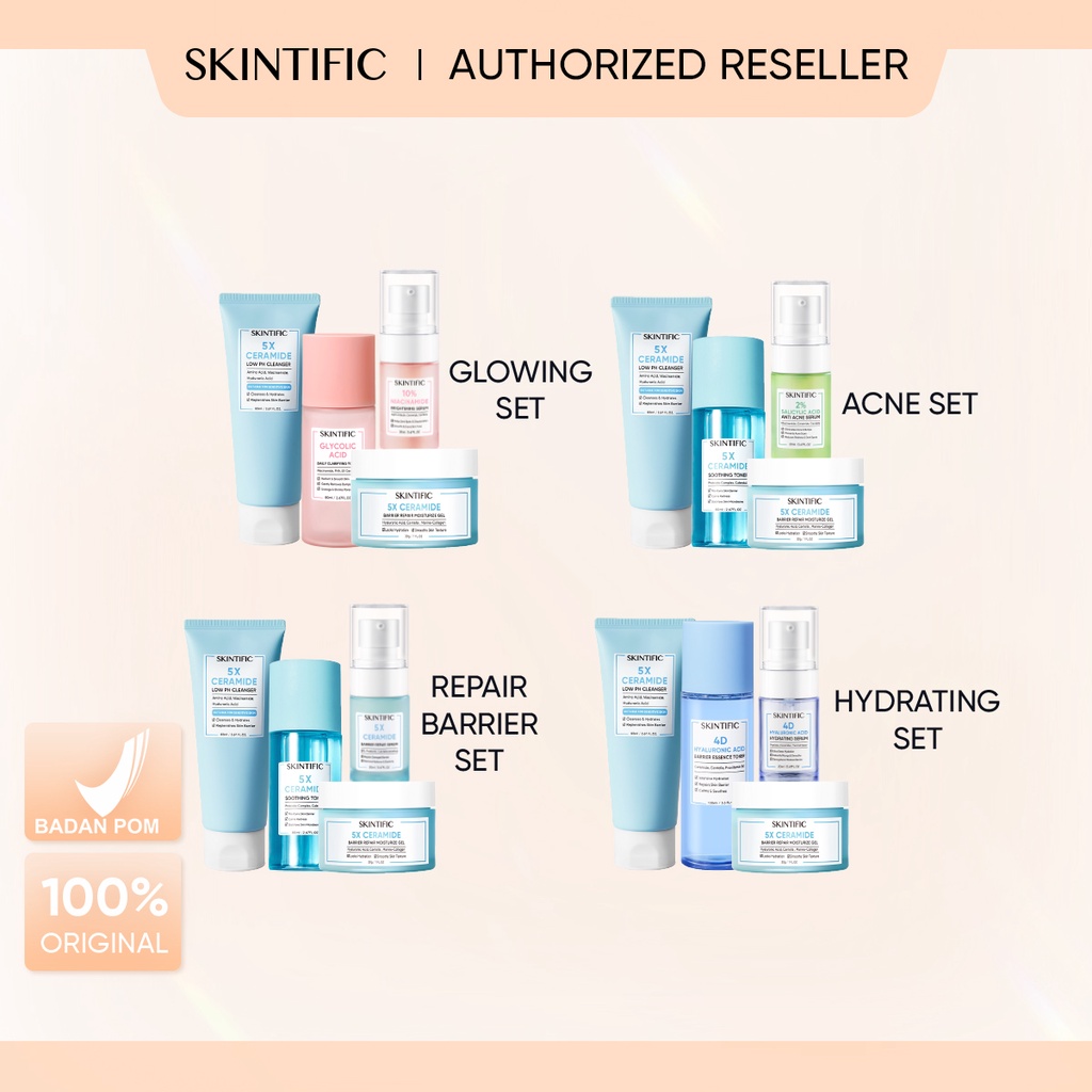 Skintific 4 pcs Paket Skincare with serum - Low pH Cleanser &amp; Barrier Repair Moisture Gel &amp; Exfoliating Toner &amp; Niacinamide Brightening Serum &amp;  Acid Anti Acne Serum &amp;  Soothing Toner &amp; Barrier Rrpair Serum &amp; Hyaluronic Acid Hydrating Serum