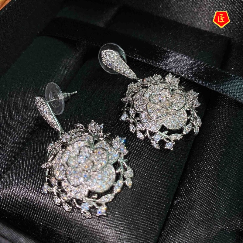 [Ready Stock]Hollow-out Exquisite Necklace Camellia Stud Earrings Ring Set