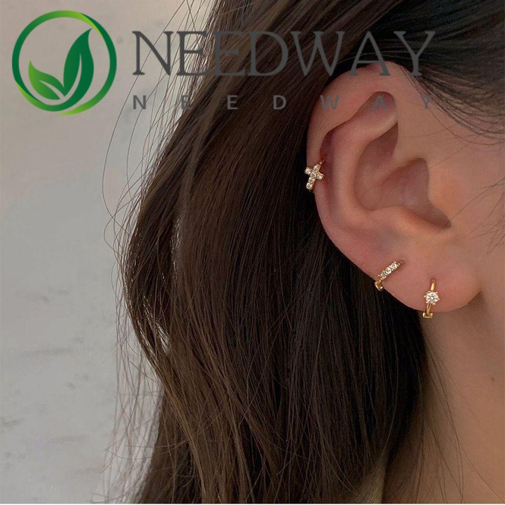 Needway  Korean Circle Ear Buckles Simple Cross Ear studs Rhinestone Hoop Earrings Women Round Shape Elegant Sweet Geometric Exquisite Fashion Jewelry