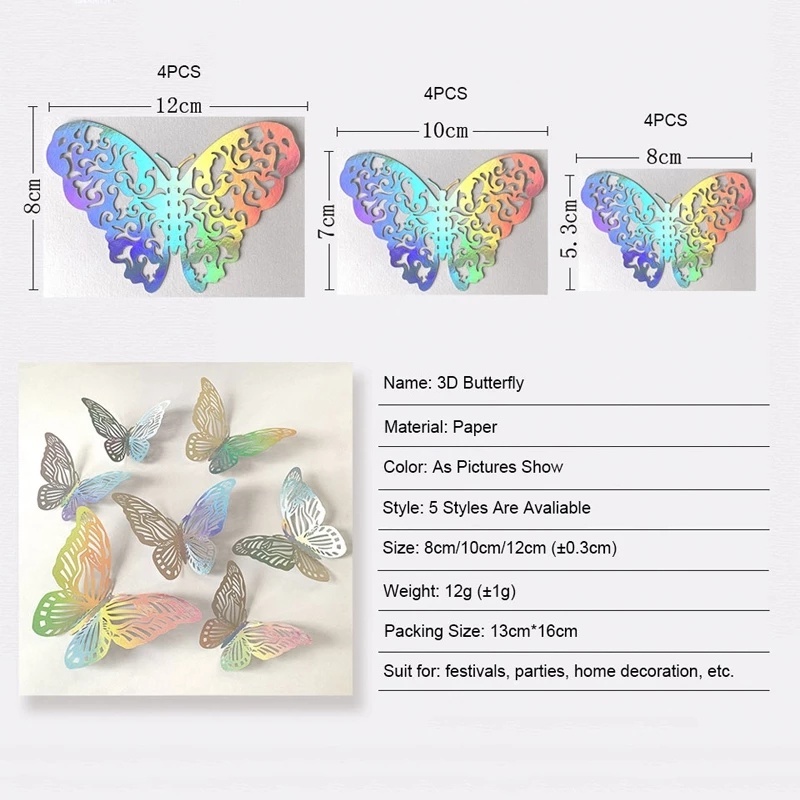 12pcs / 3 Ukuran Stiker Butterfly Hollow 3d Aksen Kristal Untuk Dekorasi Dinding Kamar Tidur