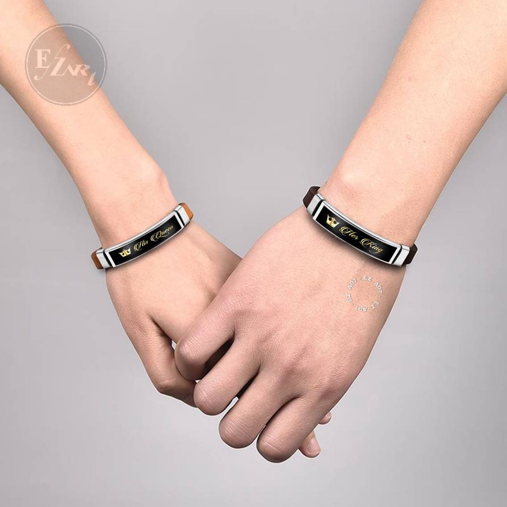 GELANG CUSTOM COUPLE KING QUEEN KULIT PLAT STAINLESS STEEL BISA REQUEST NAMA TULISAN CLASSIC ELEGAN PRIA WANITA
