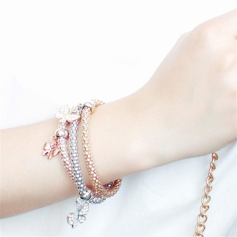 Preva 3Pcs /set Multilayer Charm Gelang Fashion Perak Emas Rose Gold Chic Kupu/ Liontin Hati