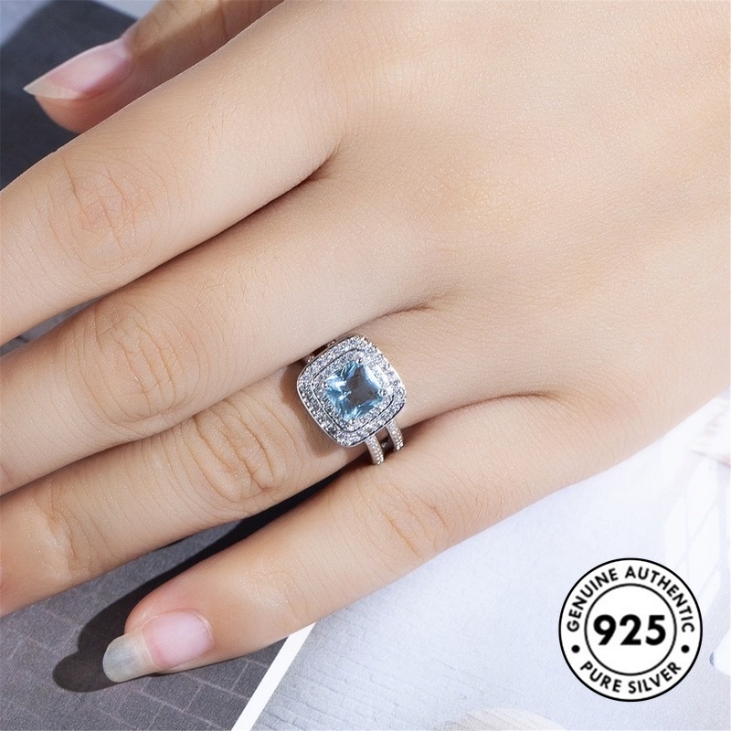 Cincin Silver S925 Hias Batu Permata Biru Laut Gaya Elegan Untuk Wanita