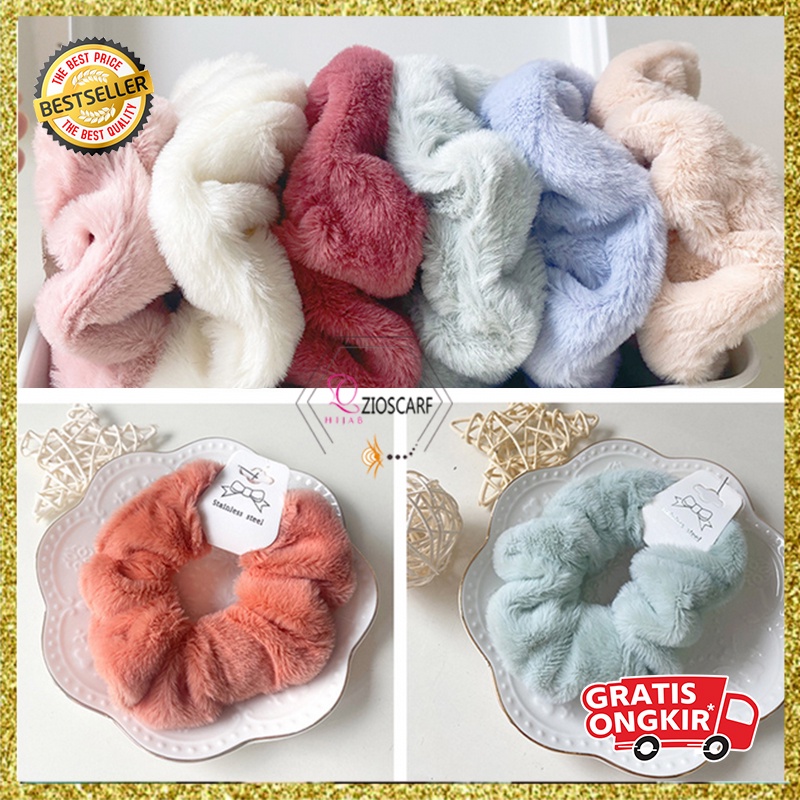 Ikat Rambut Scrunchie Korea Perempuan Dewasa Bahan Kain Velboa Bulu Halus Aksesoris Rambut bahan kualitas import AK190